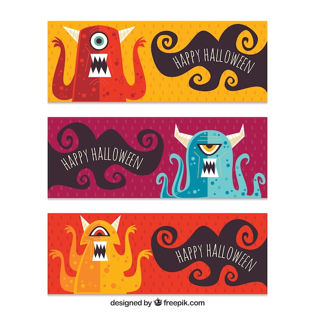 Vecteur gratuit bannières d'halloween avec des monstres colorés