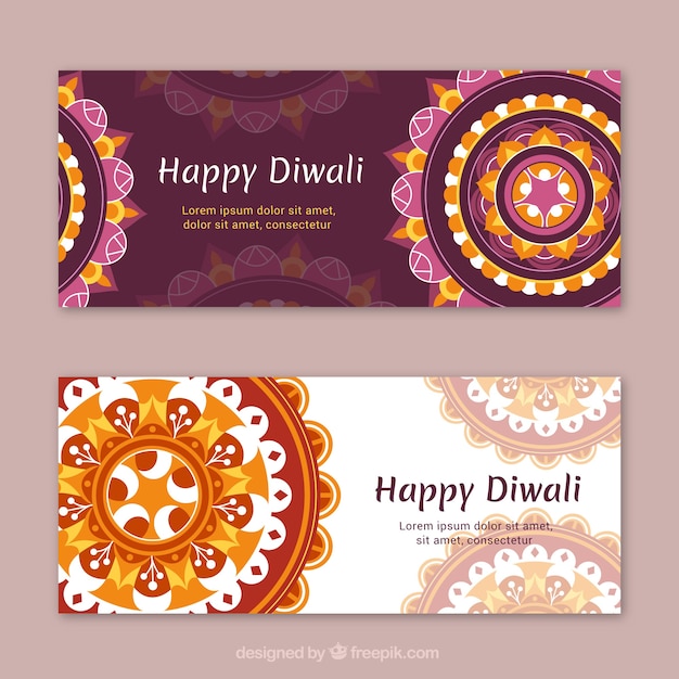 Vecteur gratuit bannières happy diwali mandalas