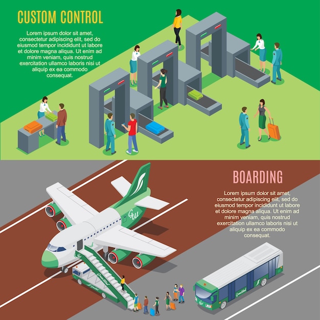 Vecteur gratuit bannières horizontales d'aéroport isométrique avec contrôle des portes de sécurité et processus d'embarquement d'avion