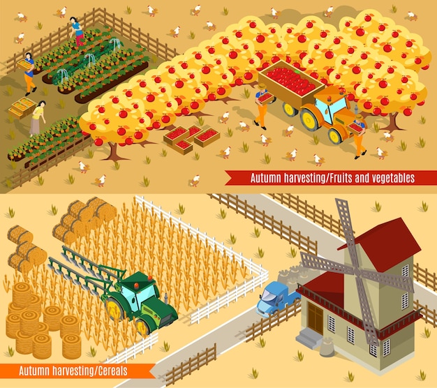 Bannières horizontales agricoles isométriques