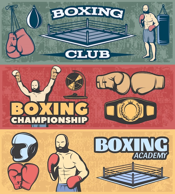 Vecteur gratuit bannières horizontales de boxe sertie de championnat de club de combat et académie sur style grunge