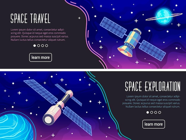 Vecteur gratuit bannières horizontales de dessin animé de voyage et d'exploration spatiales avec illustration vectorielle isolée de bouton en savoir plus