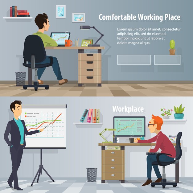 Bannières horizontales de lieu de travail d'affaires avec des personnes occupées au travail dans un bureau moderne et confortable