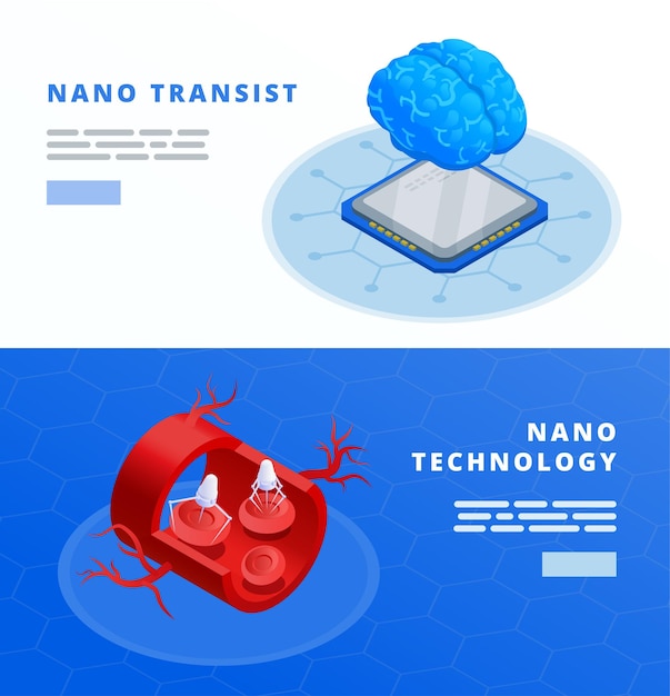 Vecteur gratuit bannières horizontales de nanotechnologie sertie de symboles transist illustration vectorielle isolée isométrique