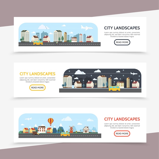 Bannières Horizontales De Paysage Urbain Plat Avec Des Paysages D'hiver Et De Banlieue D'été Différents Bus De Bâtiments