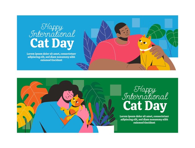 Bannières horizontales plates de la journée internationale du chat sertie de personnes et de leur chat