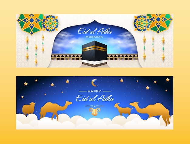 Vecteur gratuit bannières horizontales réalistes eid al-adha serties d'animaux et de la mecque