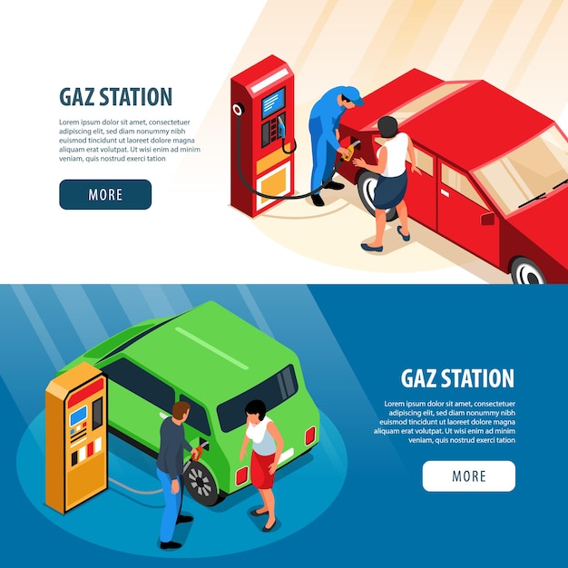 Vecteur gratuit bannières horizontales de station-service avec stands de ravitaillement et travailleurs faisant le plein de carburant dans la voiture