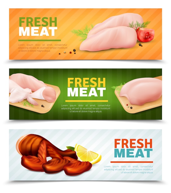 Vecteur gratuit bannières horizontales de viande de poulet fraîche