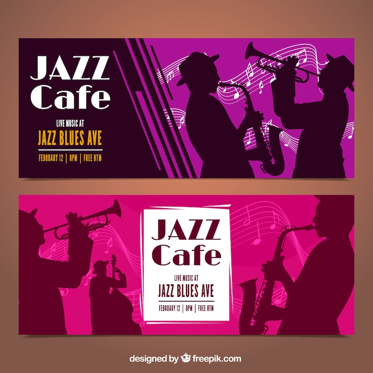 Vecteur gratuit bannières de jazz avec des silhouettes de musicien