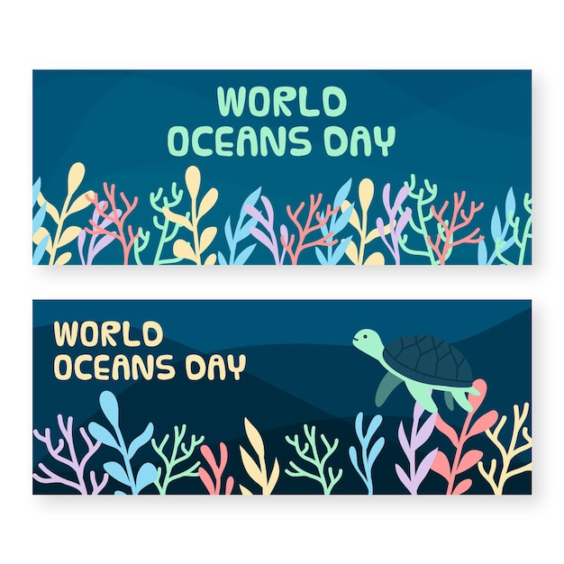 Bannières De La Journée Mondiale Des Océans Avec Tortue