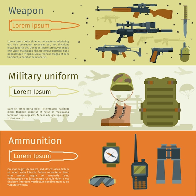 Vecteur gratuit bannières militaires ou ensemble de milieux de l'armée. munitions militaires et arme avec illustration uniforme militaire