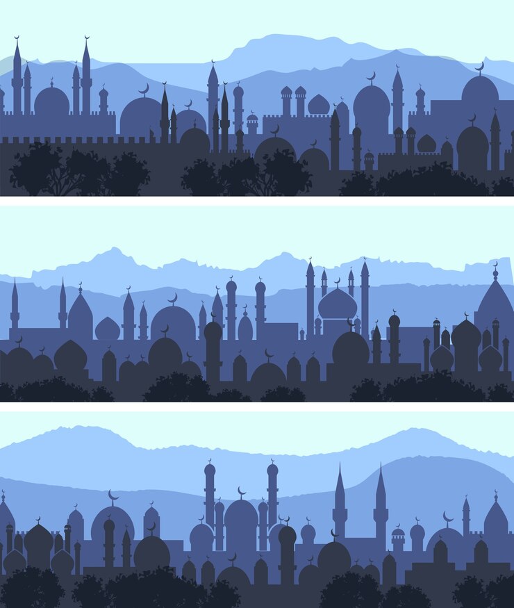 Vecteur gratuit bannières de nuit de la ville arabe de paysage urbain horizontal