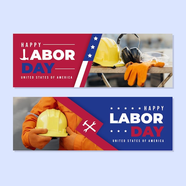 Vecteur gratuit bannières plates de la fête du travail des états-unis avec photo