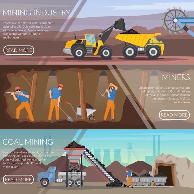 Vecteur gratuit bannières plates horizontales de l'industrie minière