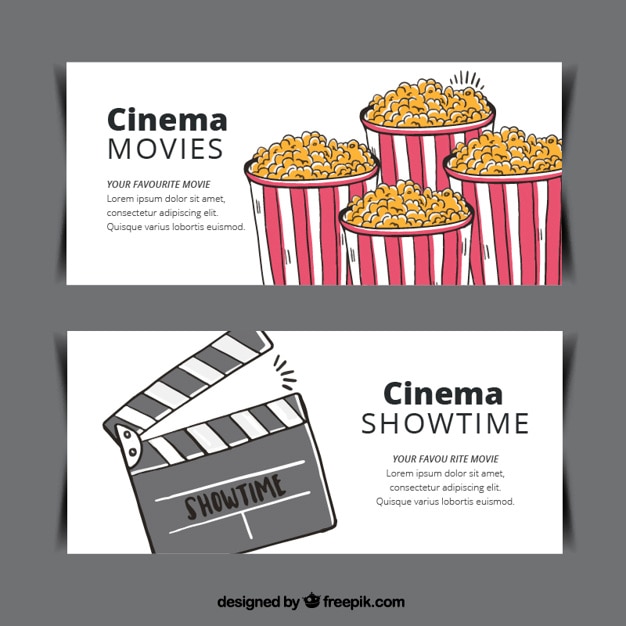 Vecteur gratuit bannières popcorn et clapper dessiné à la main