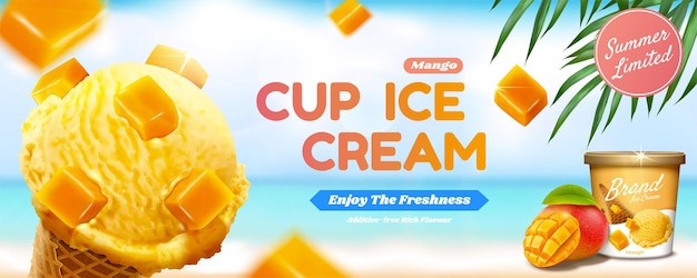 Bannières publicitaires de crème glacée de coupe avec cornet de crème glacée de garniture de fruits sur fond de plage d'été bokeh