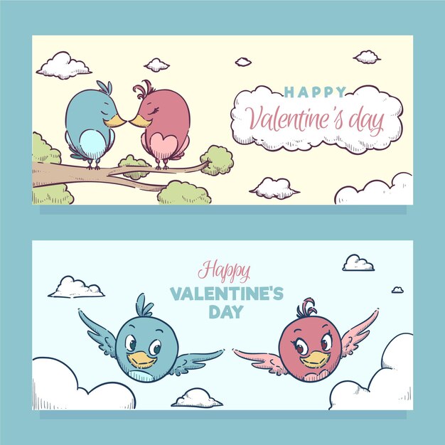 Bannières de la Saint-Valentin oiseaux dessinés à la main