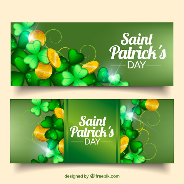 Les Bannières De St. Patrick Jour Avec Trèfles Et Pièces De Monnaie