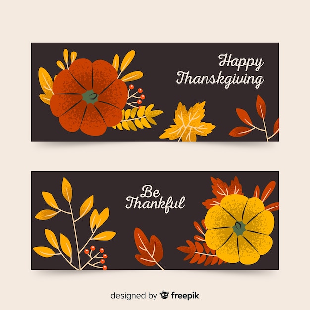 Bannières De Thanksgiving Dessinés à La Main Avec Des Fleurs