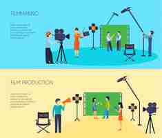 Vecteur gratuit bannières de tournage de films cinématographiques avec le caméraman et l'assistant