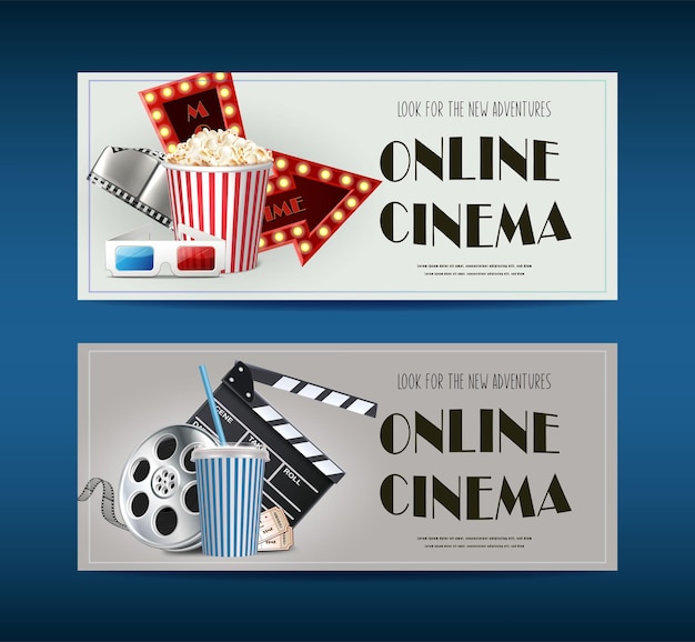 Vecteur gratuit bannières vectorielles réalistes. affiches de cinéma avec pop-corn, presse-papiers, ruban adhésif et rouleau de film.