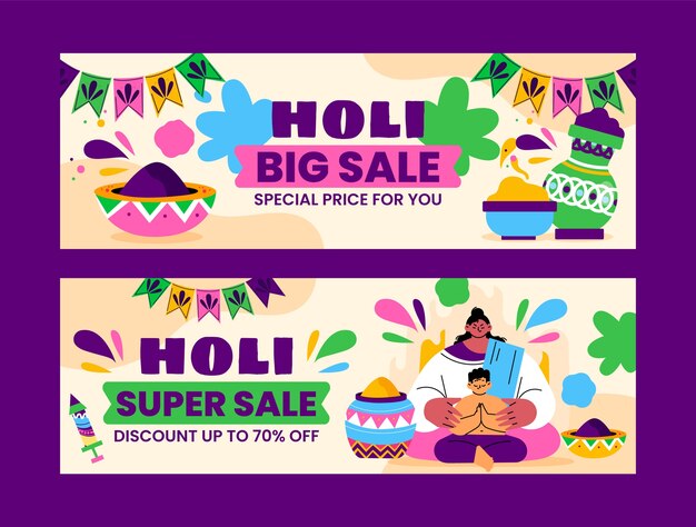 Bannières de vente horizontales plates pour la célébration du festival holi