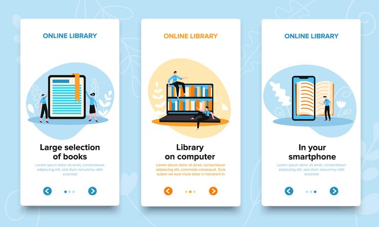 Vecteur gratuit bannières verticales de bibliothèque en ligne avec boutons de commutation de page de texte modifiables avec flèches