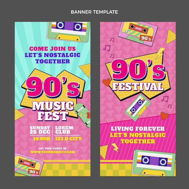 Vecteur gratuit bannières verticales du festival de musique des années 90 au design plat