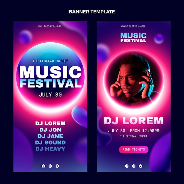 Vecteur gratuit bannières verticales de festival de musique colorée dégradée