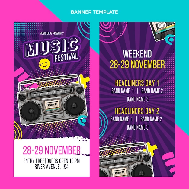 Vecteur gratuit bannières verticales de festival de musique colorées dessinées à la main