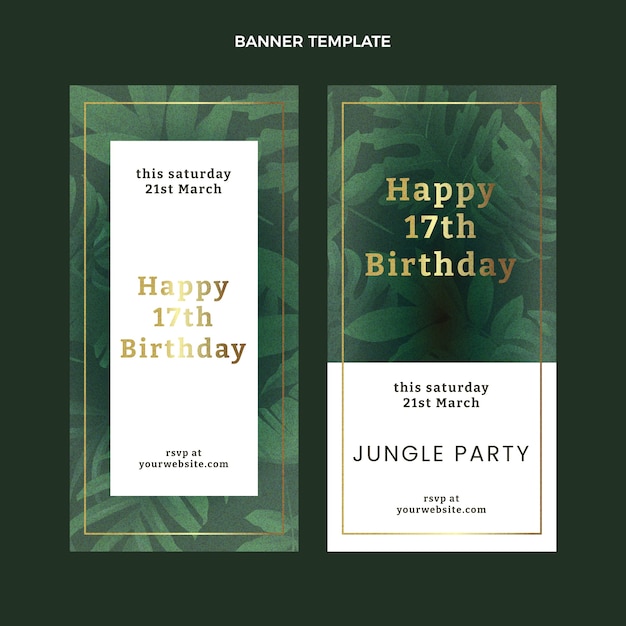 Vecteur gratuit bannières verticales de fête d'anniversaire de jungle dégradée