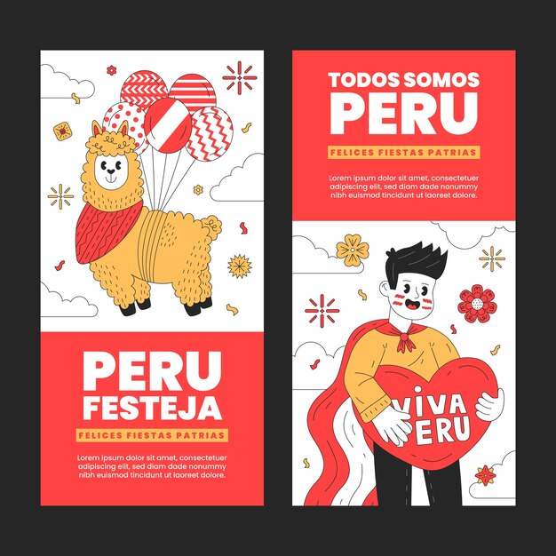 Bannières verticales fiestas patrias pérou dessinées à la main avec personne et lama