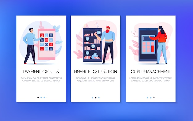 Vecteur gratuit bannières verticales avec des gens qui paient des factures et distribuent des finances en ligne isolé sur fond bleu plat