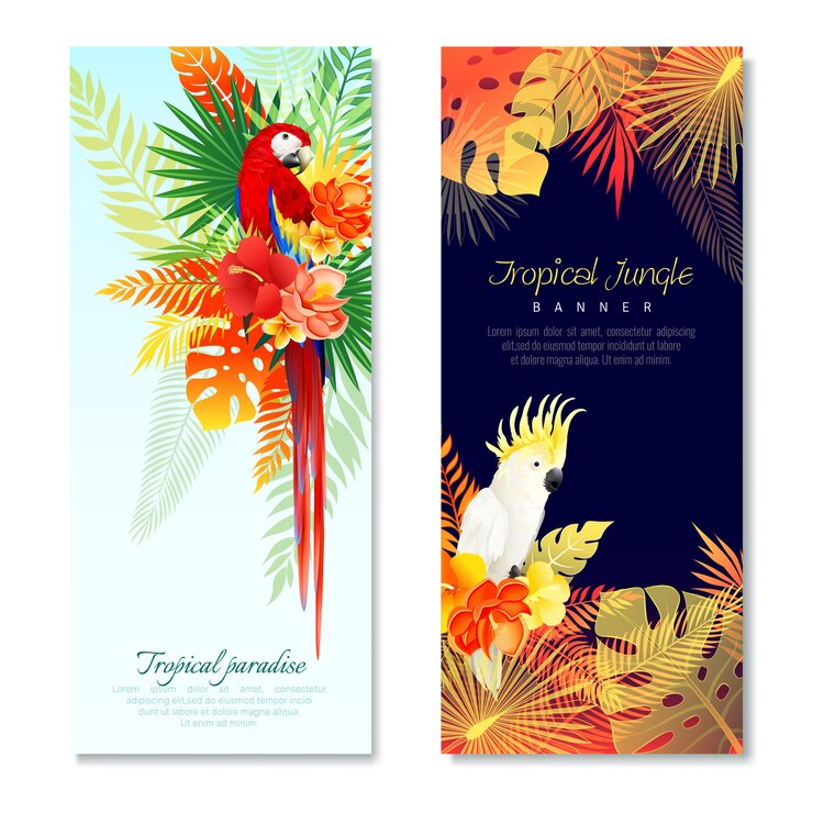 Vecteur gratuit bannières verticales de perroquets tropicaux