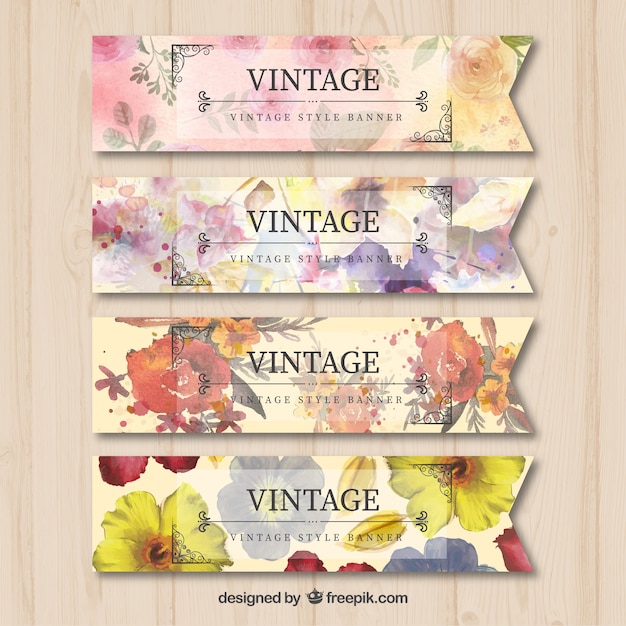 Vecteur gratuit bannières vintage avec des fleurs à l'aquarelle
