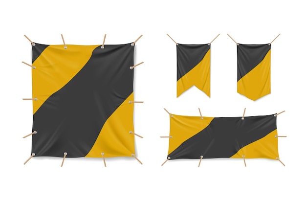 Bannières en vinyle maquette vectorielle 3d auvents et drapeaux en tissu tendus sur flex Toile noire et jaune de forme carrée et rectangulaire pour tente de publicité de rue ou affiches maquette Illustration réaliste