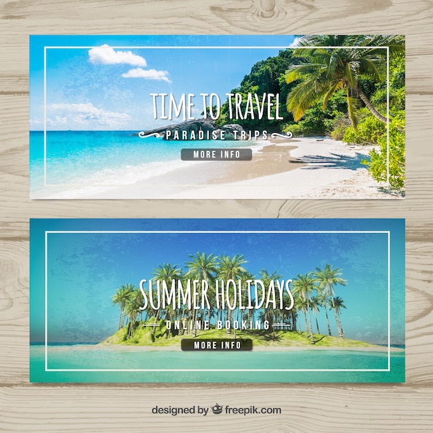 Vecteur gratuit bannières de voyage d'été avec la plage paradisiaque