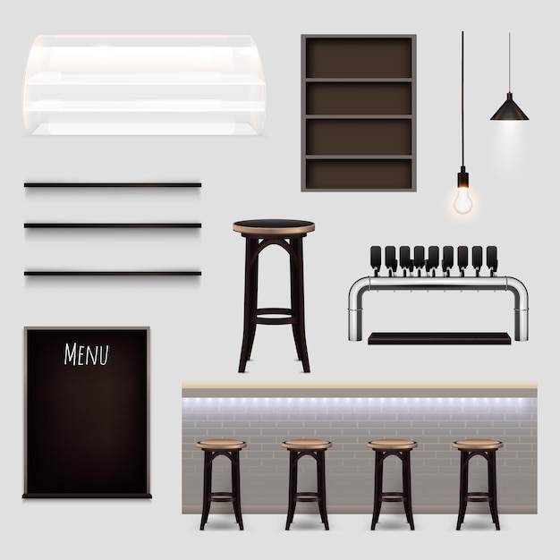 Vecteur gratuit bar intérieur réaliste ensemble de meubles lampes comptoir bureau menu éléments de carte isolé illustration vectorielle