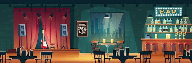 Vecteur gratuit bar musical, pub à la bière avec intérieur de dessins animés
