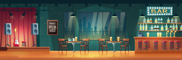 Bar ou pub avec intérieur de bande dessinée de musique live