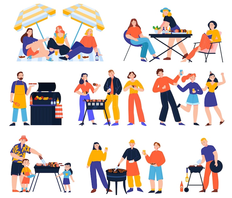 Vecteur gratuit barbecue ensemble plat de personnes drôles passant le week-end et griller de la viande dans la nature illustration vectorielle isolée