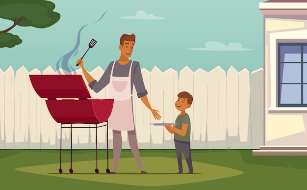 Vecteur gratuit barbecue de week-end d'été sur affiche de dessin animé rétro pelouse patio avec père barbecue