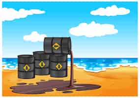Vecteur gratuit barils de pétrole noir avec signe de déversement de pétrole brut sur le sol isolé sur la plage