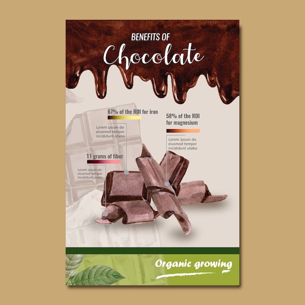 Vecteur gratuit barre de chocolat aquarelle avec fond de chocolat liquide, infographie, illustration