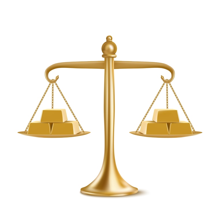 Vecteur gratuit barres d'or sur des échelles de poids isolés sur fond blanc. illustration réaliste de la balance en or avec des lingots métalliques jaunes. concept d'égalité financière, équilibre et comparaison de devises