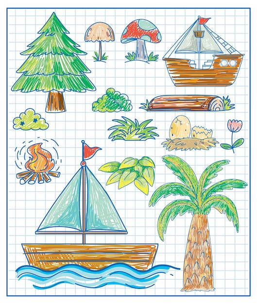 Vecteur gratuit bateau et bateau de doodle dessinés à la main pour enfants