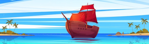 Vecteur gratuit bateau en bois avec des voiles rouges flottant au paysage marin