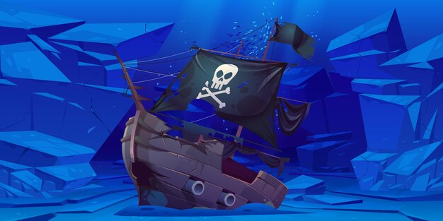 Bateau pirate coulé avec voiles noires et drapeau avec crâne et os croisés sur fond de mer