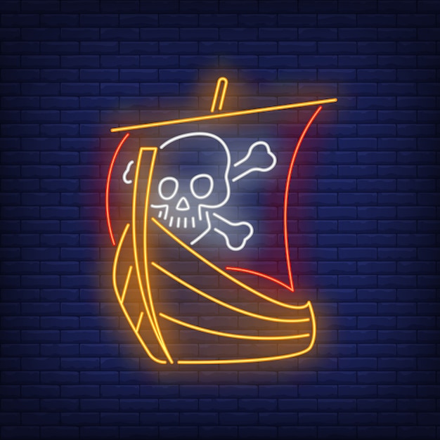 Vecteur gratuit bateau de pirate avec crâne et os croisés sur une enseigne au néon à voile